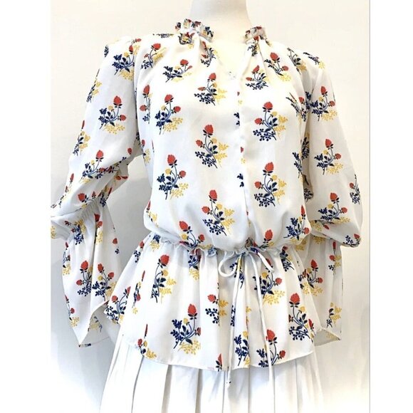 Derek Lam Floral Ruffle Silky Blouse top 1X White Red long sleeves - Picture 2 of 10